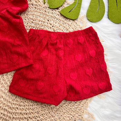 Conj. Blusa com Pérolas e Short Anarruga Corações - Vermelho